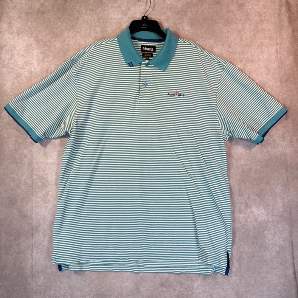 Ashworth Polo Shirt Men XXL Teal Striped EZ-Tech Moisture Wicking Aspen Lakes
